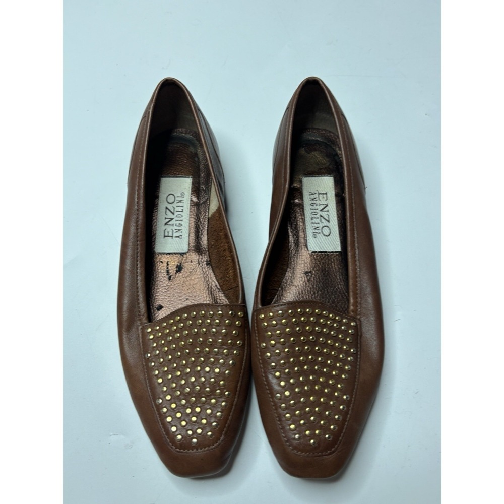 Enzo Angiolini‎ Brown Gold Studded Leather Loafer Flats Women's 6.5 M Preppy VTG
